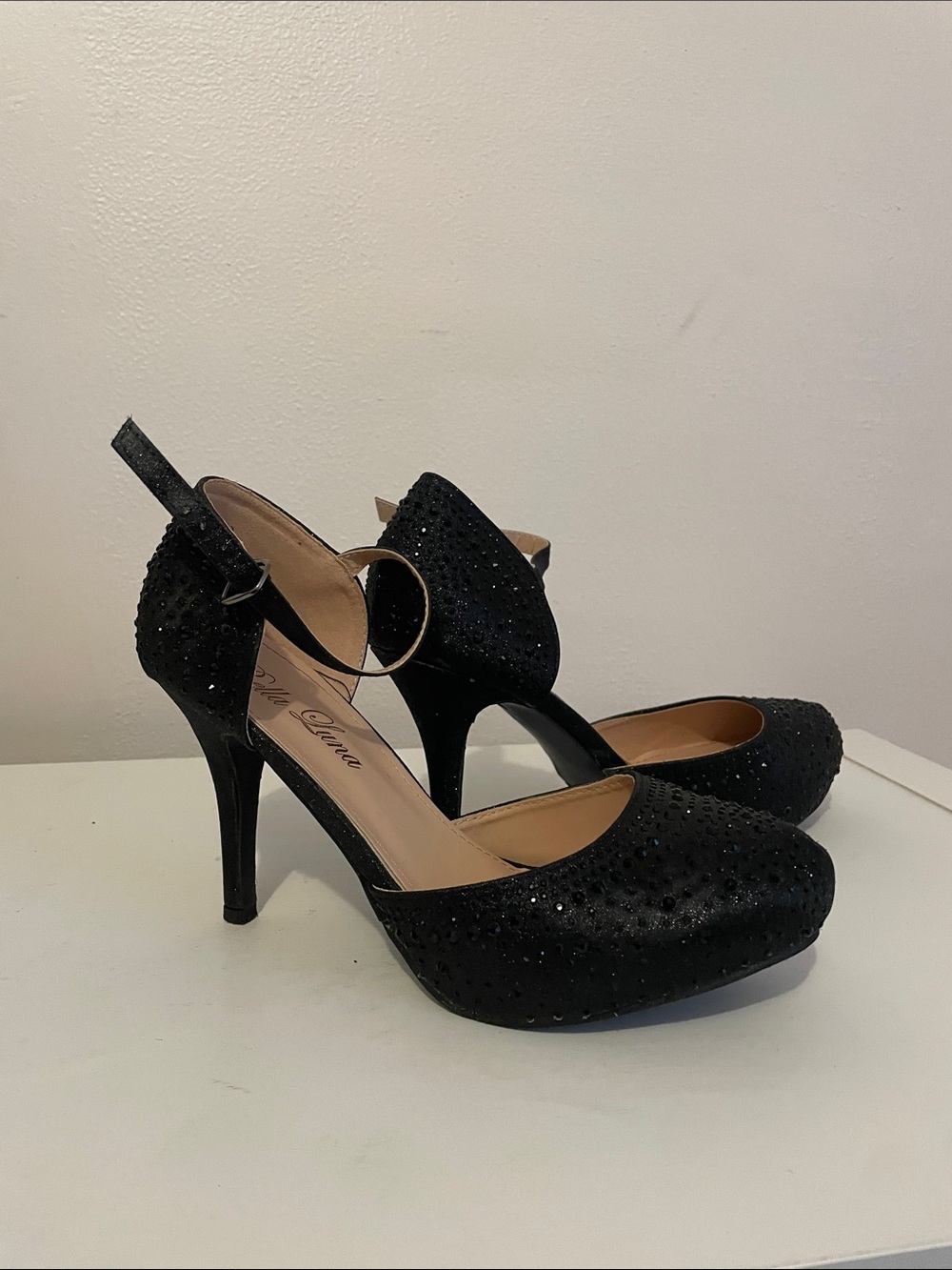 Black Rhinestone Ankle-Strap Platform Heels
